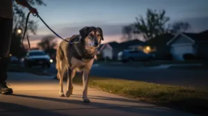 Dog barking at night training during evening walk