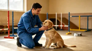 Trainer with puppy during cost of dog training