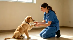 Trainer teaching puppy paw during cost of dog training