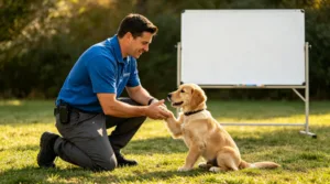 Trainer teaching puppy paw for cost of dog training